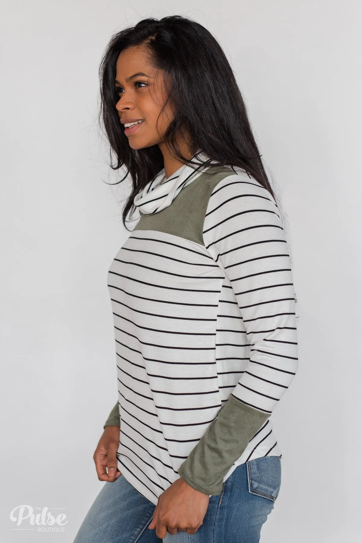 Stripe & Suede Cowl Neck Top- White & Green