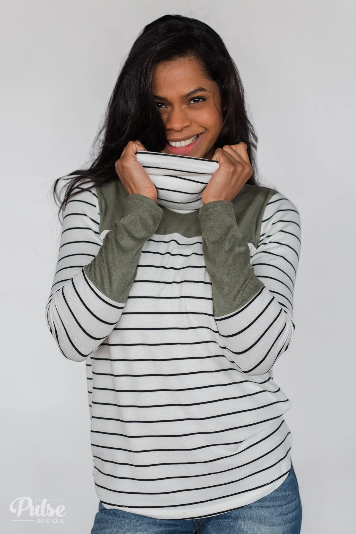 Stripe & Suede Cowl Neck Top- White & Green