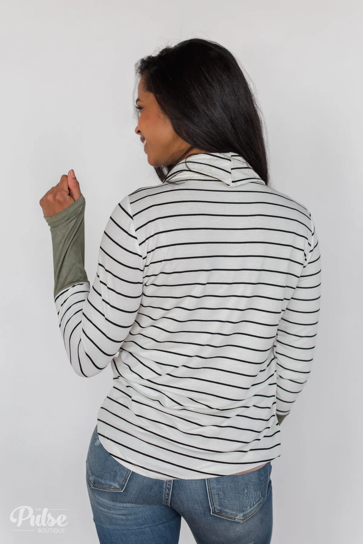 Stripe & Suede Cowl Neck Top- White & Green
