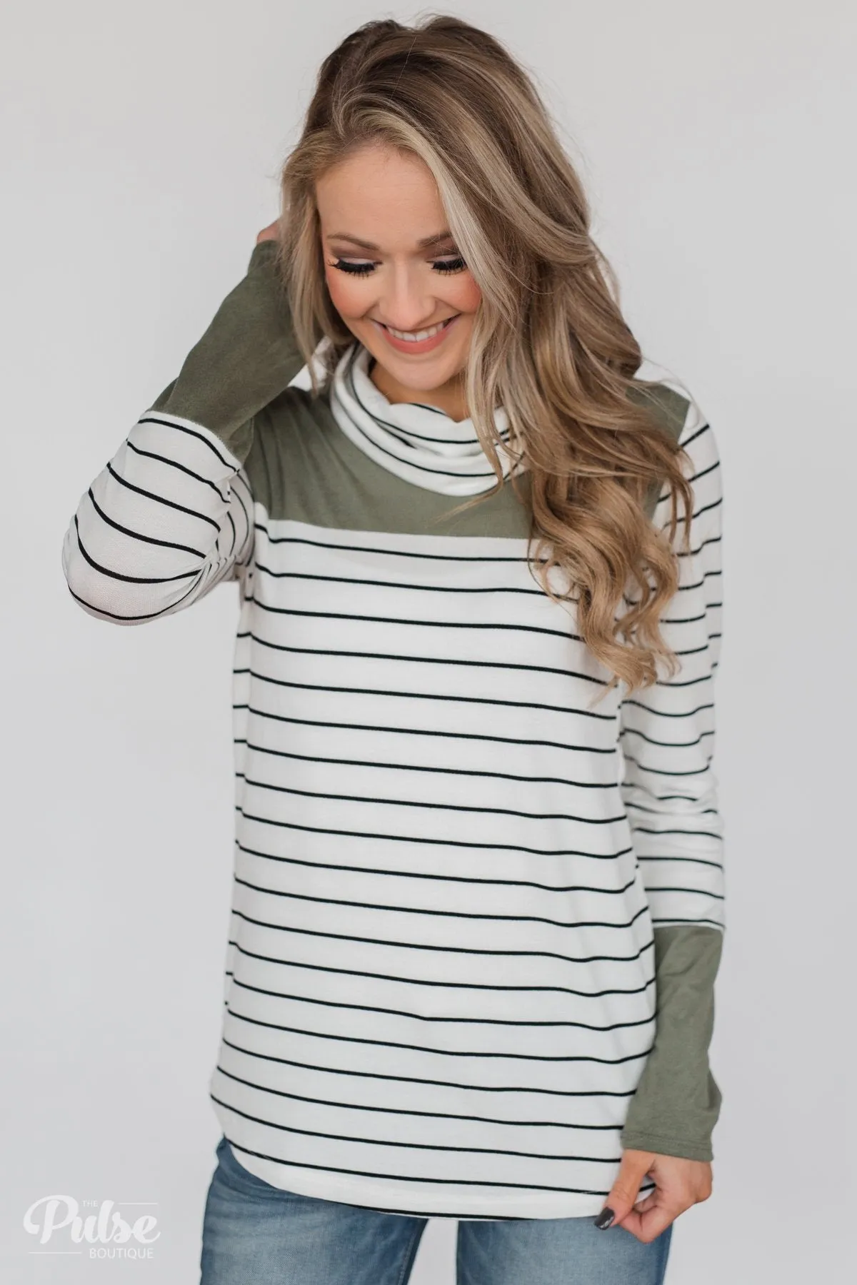 Stripe & Suede Cowl Neck Top- White & Green