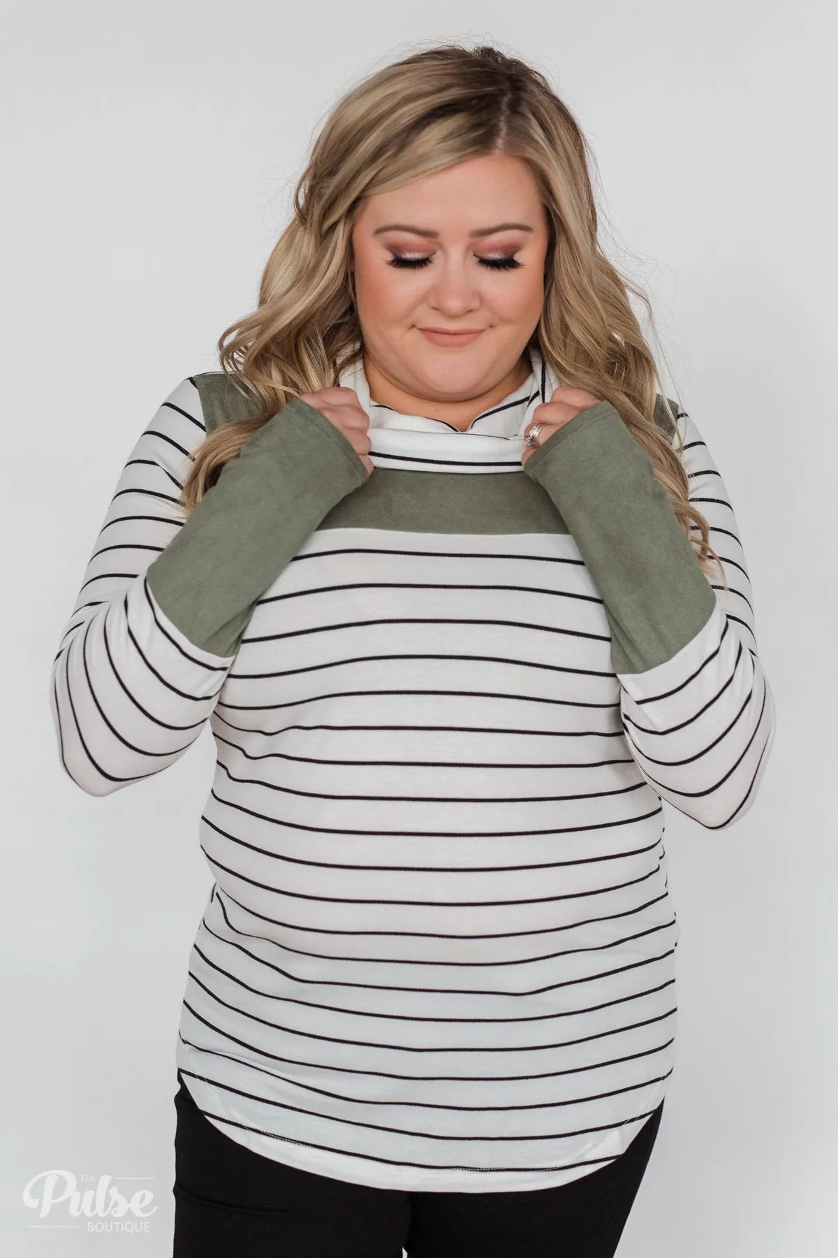 Stripe & Suede Cowl Neck Top- White & Green
