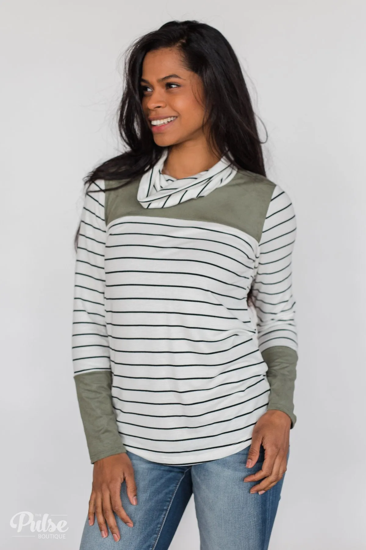 Stripe & Suede Cowl Neck Top- White & Green