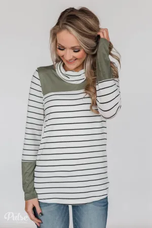 Stripe & Suede Cowl Neck Top- White & Green