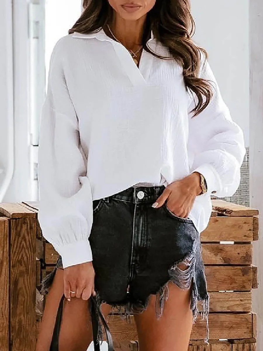 Stunncal Lapel Collar Lantern Solid Color Long Sleeve Shirt(6 colors)