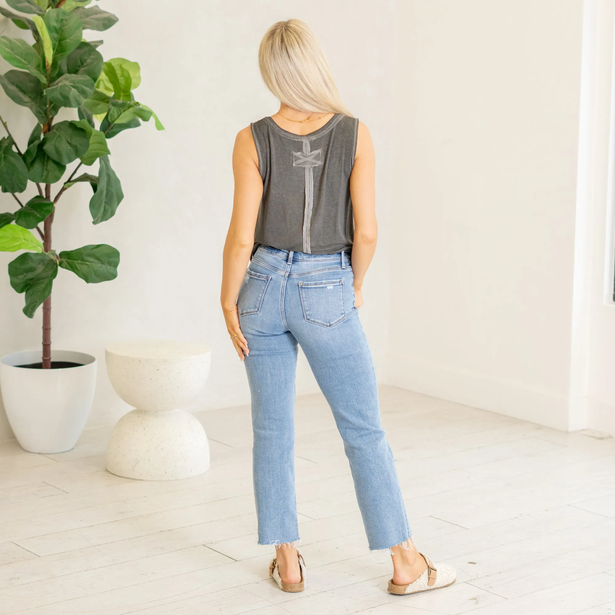 Sunney High Rise Distressed Straight Leg