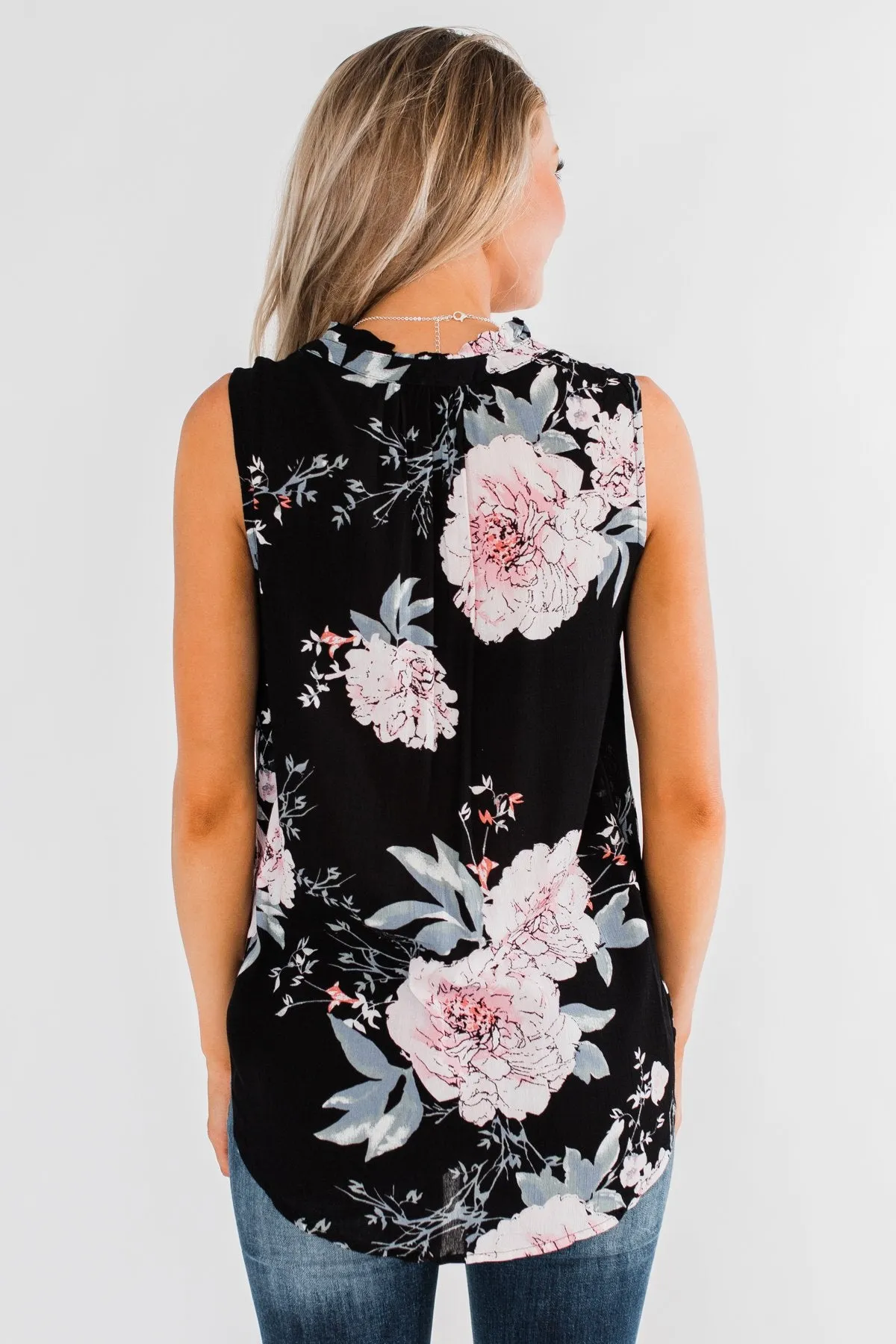 Sweet As Can Be Floral Tie Tank Top- Black