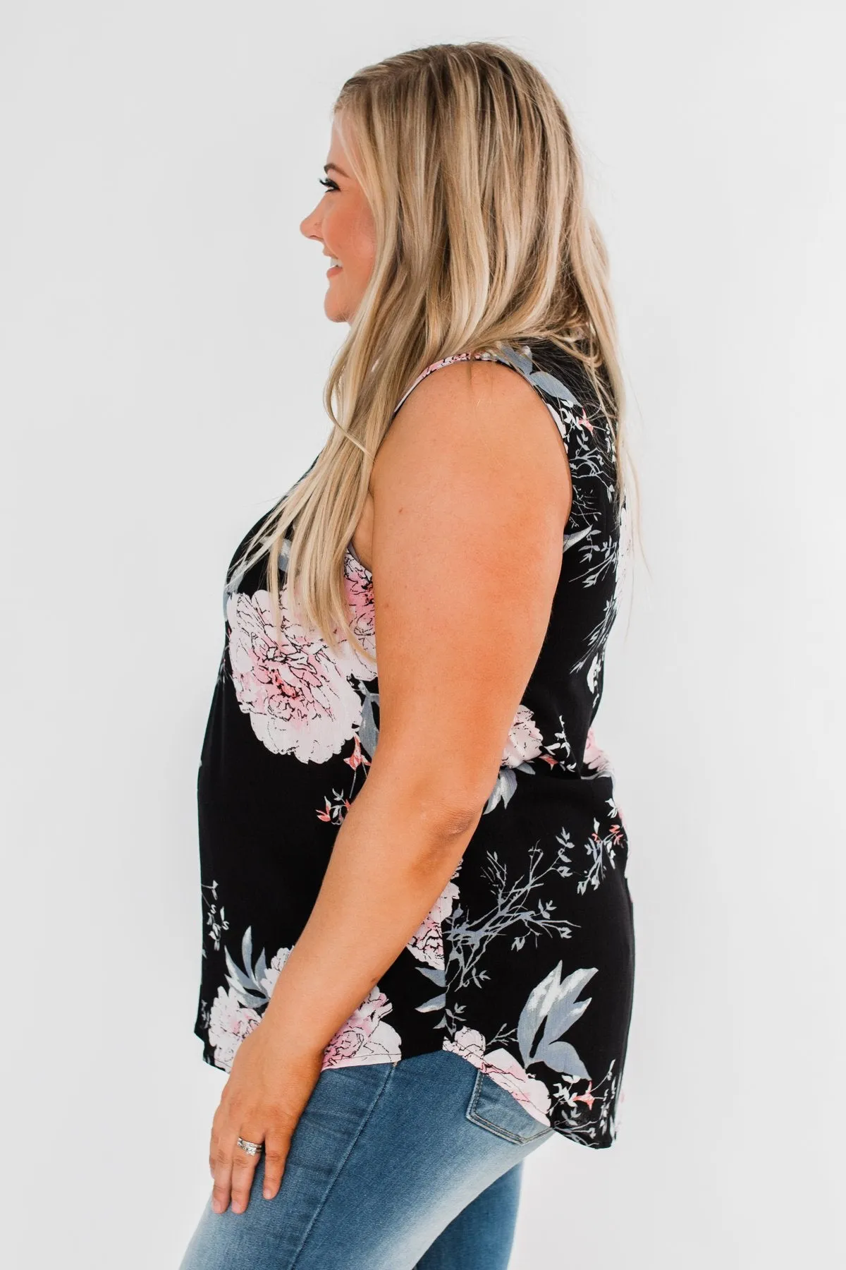Sweet As Can Be Floral Tie Tank Top- Black