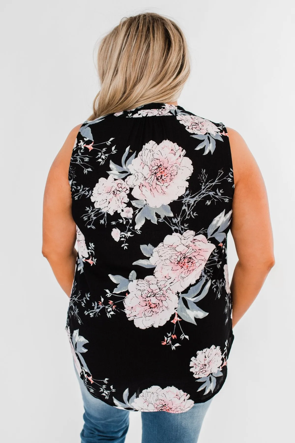 Sweet As Can Be Floral Tie Tank Top- Black