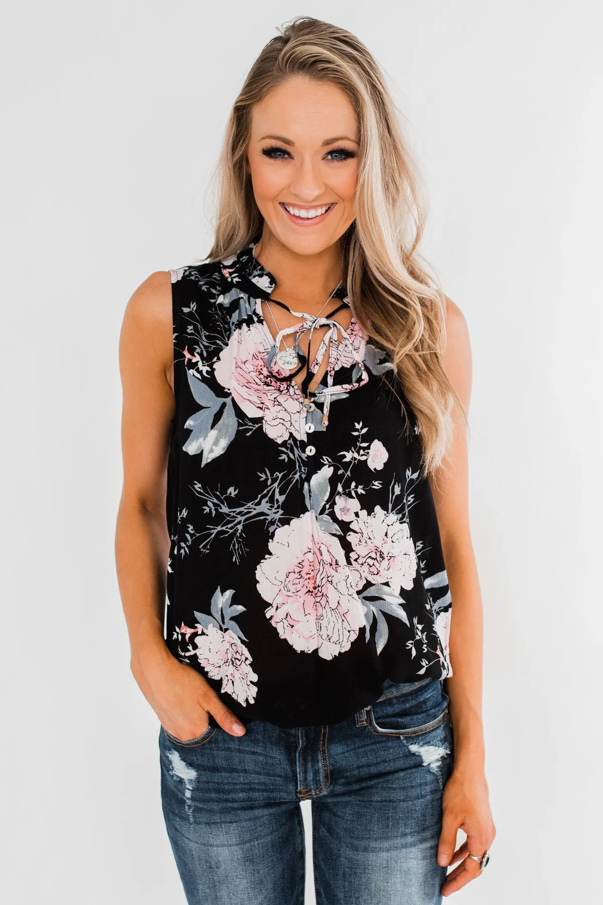 Sweet As Can Be Floral Tie Tank Top- Black