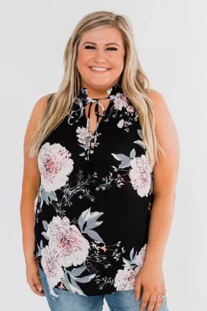 Sweet As Can Be Floral Tie Tank Top- Black