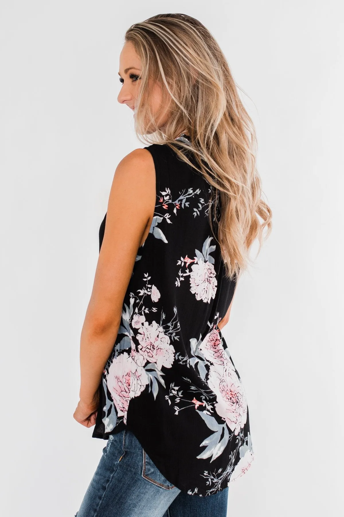 Sweet As Can Be Floral Tie Tank Top- Black