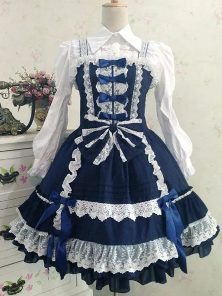 Sweet Lolita Dress JSK Deep Blue Lolita Dress Cotton Ruffle Tiered Lolita Jumper Skirt With Bow
