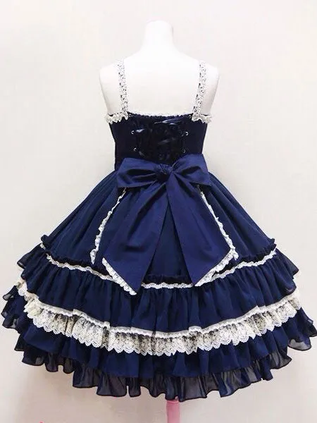 Sweet Lolita Dress JSK Deep Blue Lolita Dress Cotton Ruffle Tiered Lolita Jumper Skirt With Bow