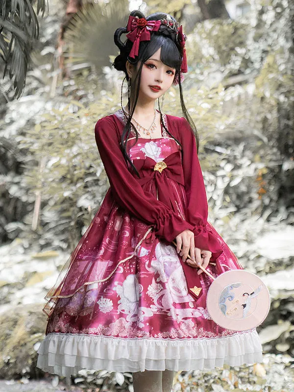 Sweet Lolita OP Dress Neverland Floral Print Teal Ruffles Black Lolita One Piece Dresses