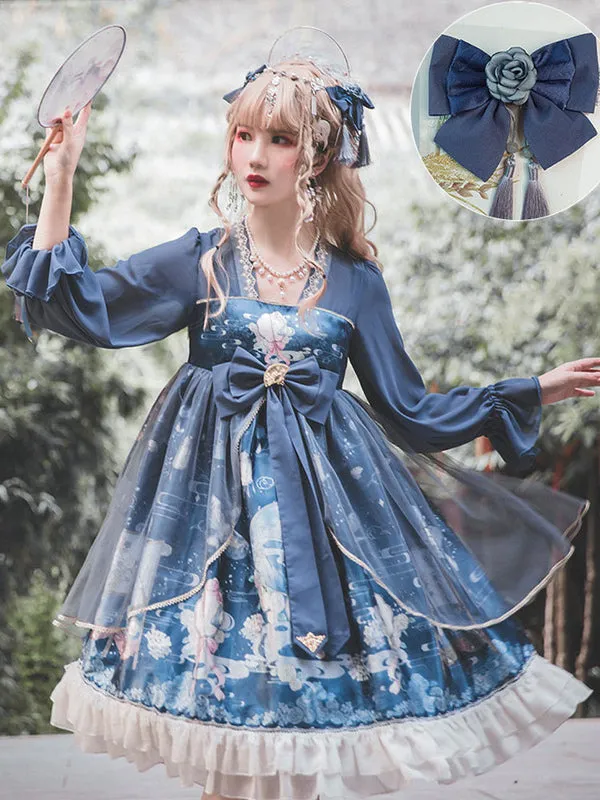 Sweet Lolita OP Dress Neverland Floral Print Teal Ruffles Black Lolita One Piece Dresses
