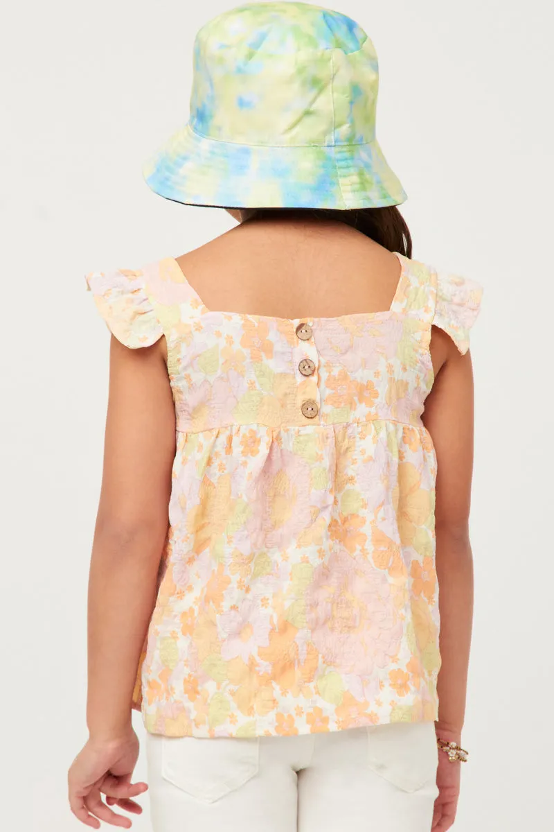 Textured Floral Button Back Ruffle Tank
