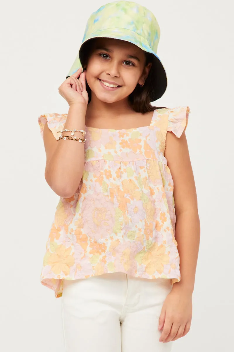 Textured Floral Button Back Ruffle Tank