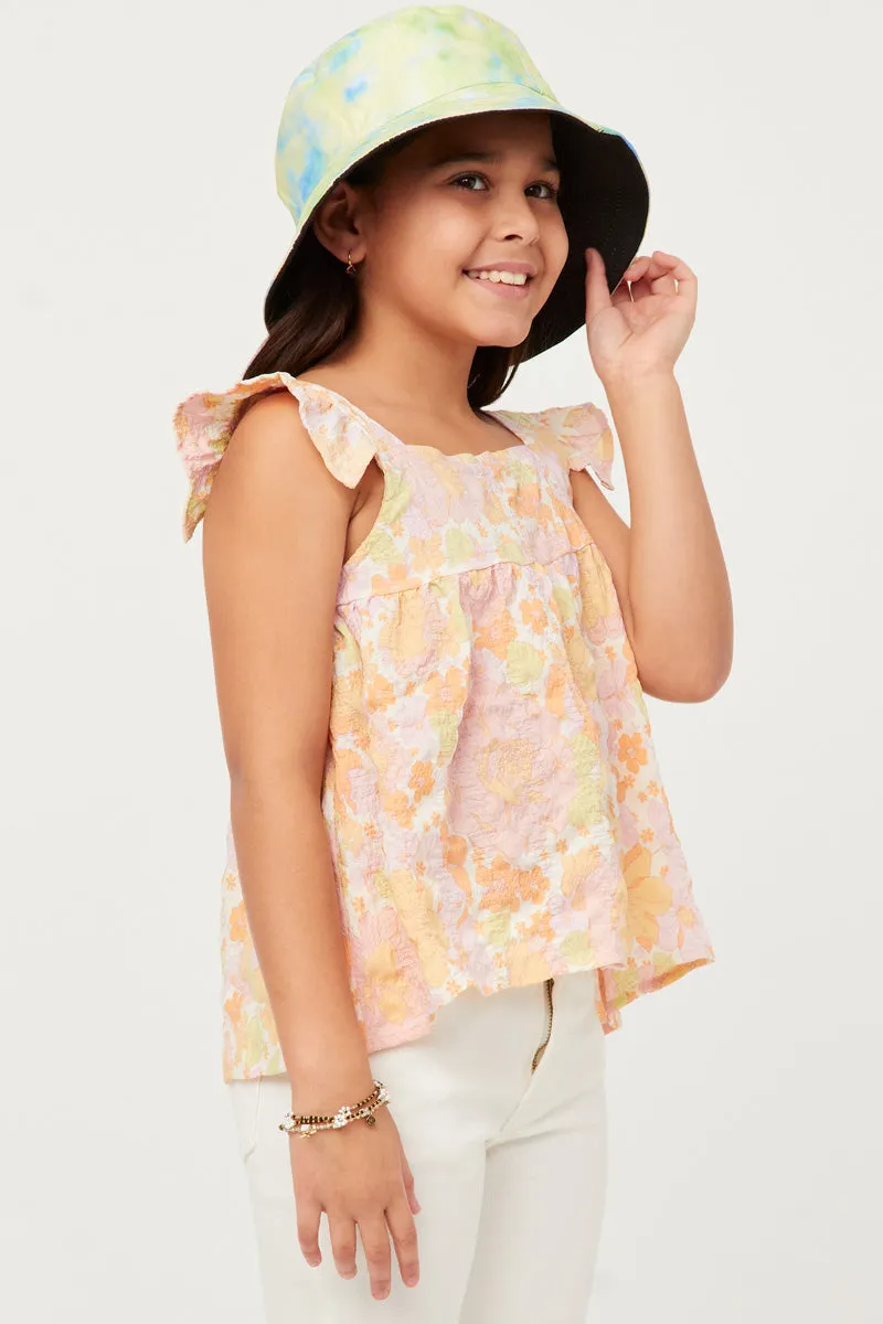 Textured Floral Button Back Ruffle Tank