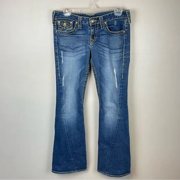 True Religion DISCO Joey Big T 30 Gold Stitching Crystal Button Flare Leg Jeans