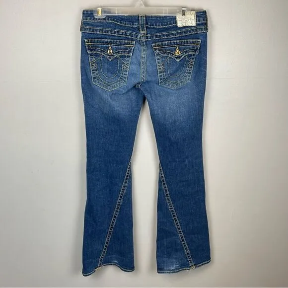 True Religion DISCO Joey Big T 30 Gold Stitching Crystal Button Flare Leg Jeans
