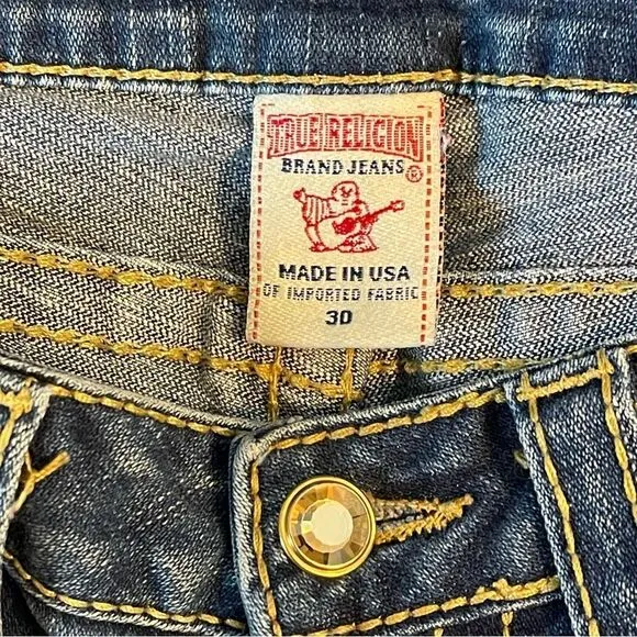 True Religion DISCO Joey Big T 30 Gold Stitching Crystal Button Flare Leg Jeans