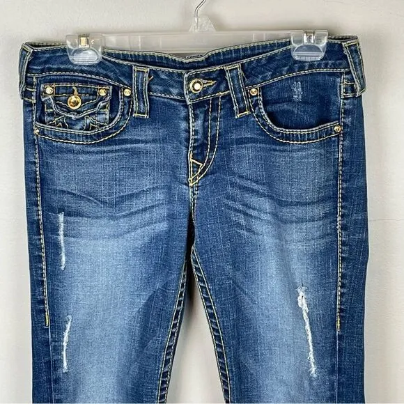 True Religion DISCO Joey Big T 30 Gold Stitching Crystal Button Flare Leg Jeans