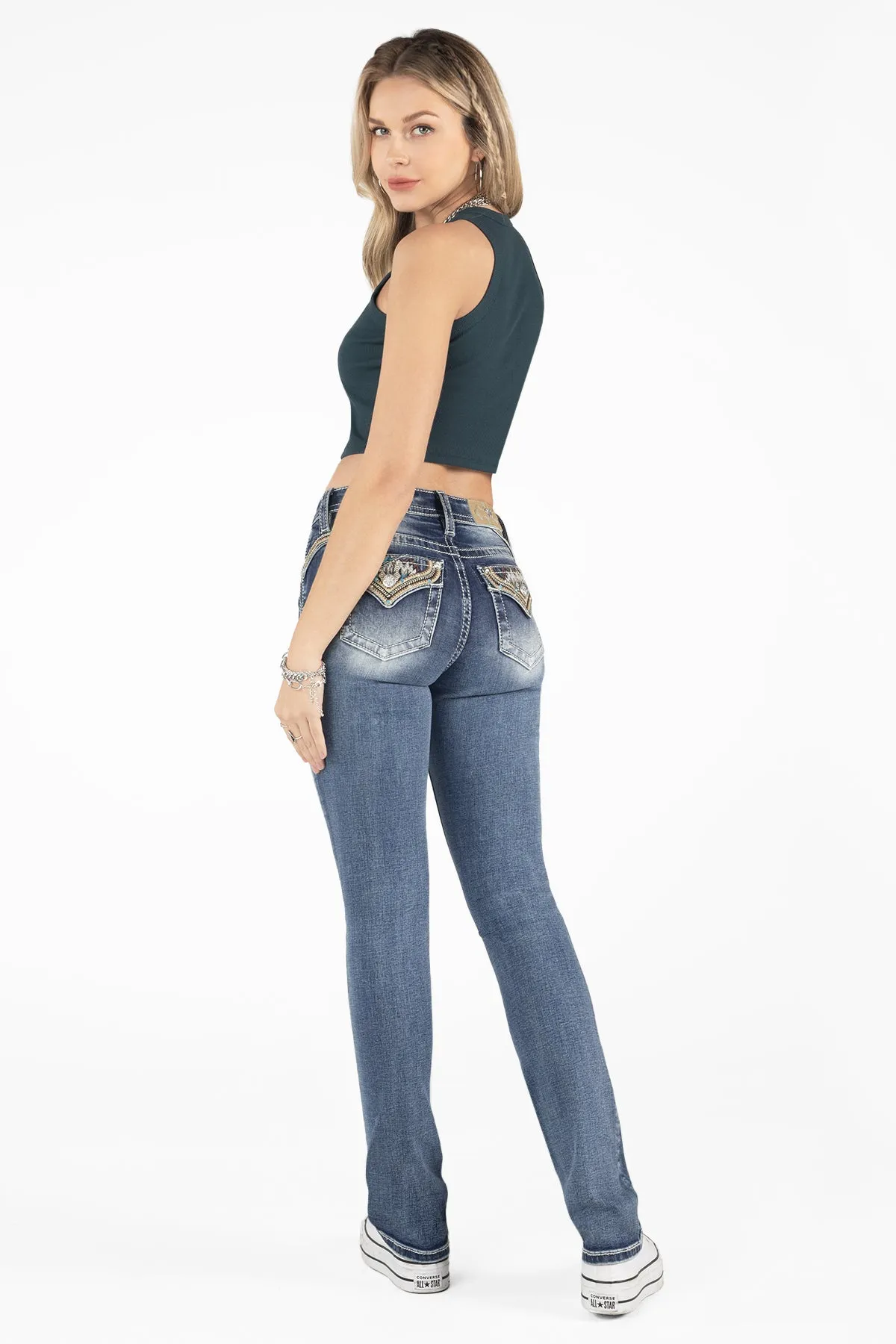 Turquoise Aztec Faux Flap Bootcut Jeans