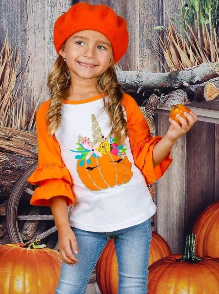Unicorn Pumpkin Double Ruffle Raglan Top