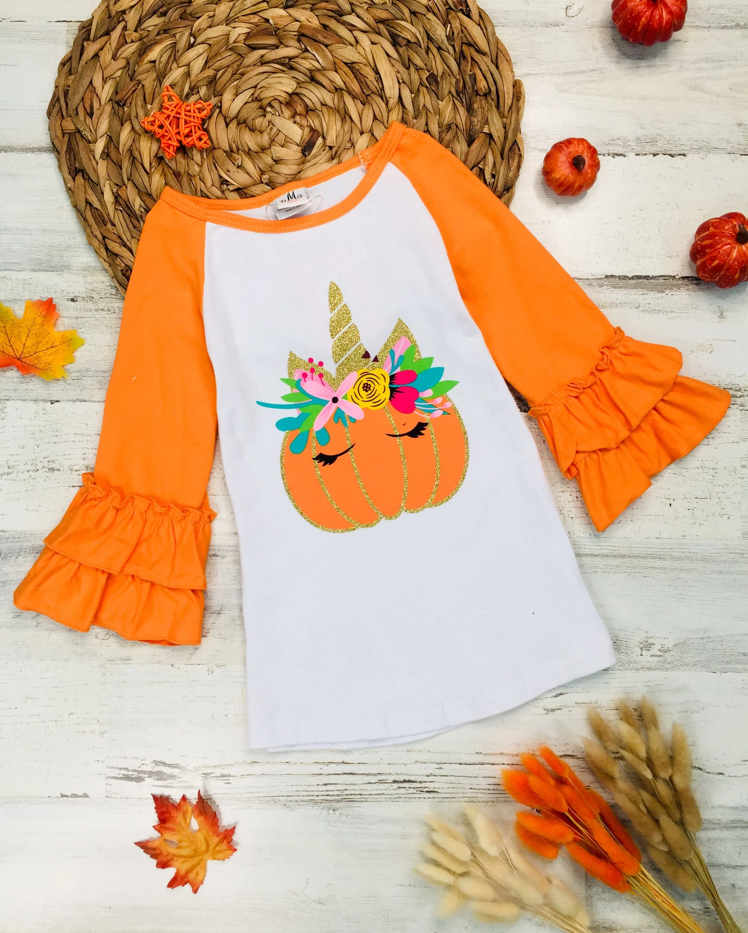 Unicorn Pumpkin Double Ruffle Raglan Top