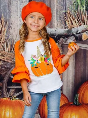 Unicorn Pumpkin Double Ruffle Raglan Top