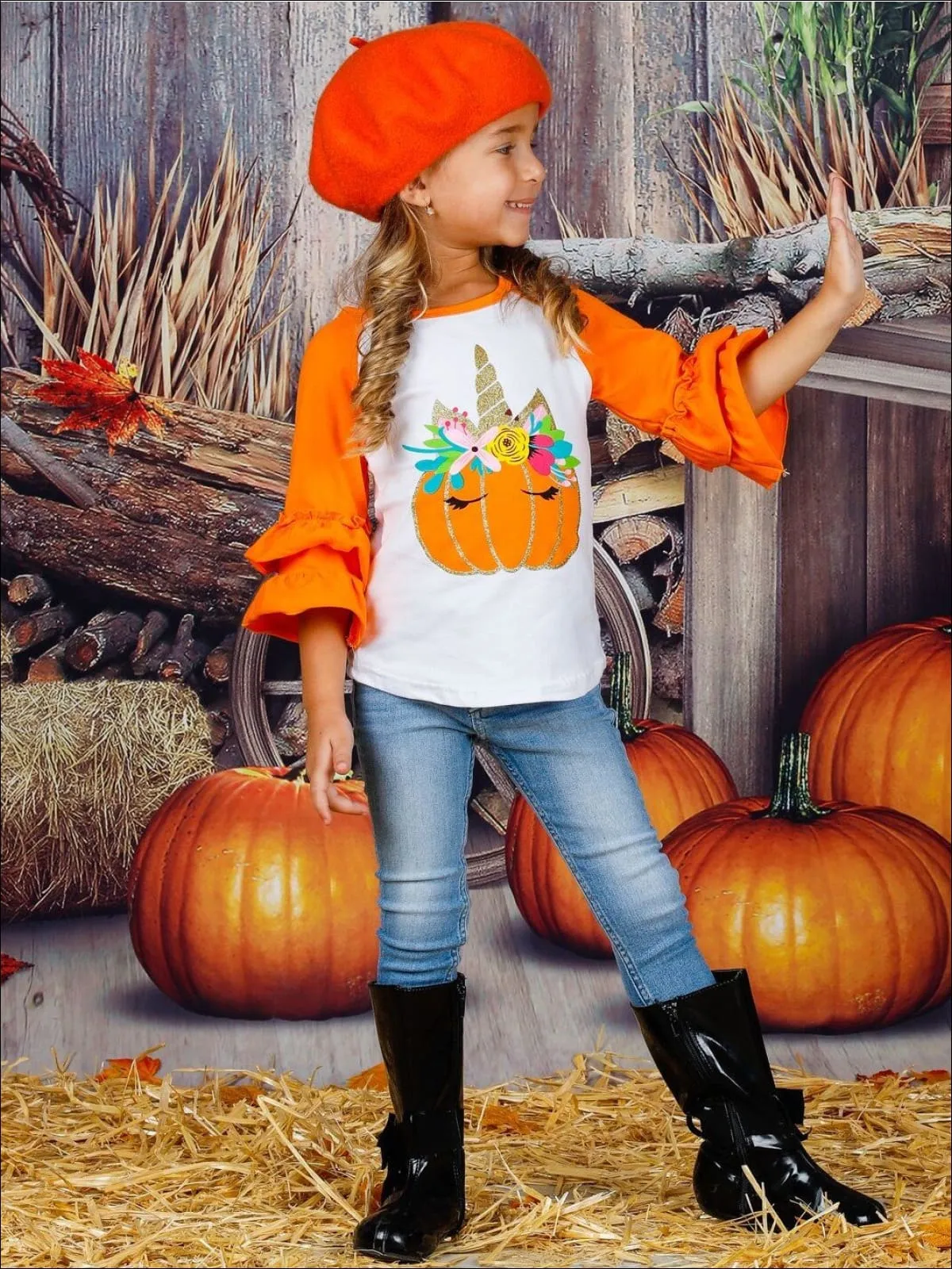 Unicorn Pumpkin Double Ruffle Raglan Top
