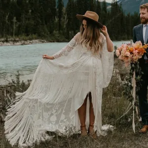 Unique Bohemia Wedding Dress Lace Wrapped Two Piece Tassel Batwing Sleeve Beach Boho Bridal Gowns