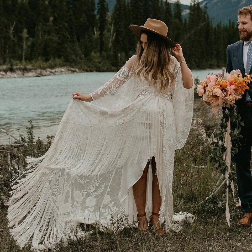 Unique Bohemia Wedding Dress Lace Wrapped Two Piece Tassel Batwing Sleeve Beach Boho Bridal Gowns
