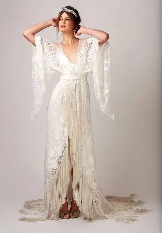 Unique Bohemia Wedding Dress Lace Wrapped Two Piece Tassel Batwing Sleeve Beach Boho Bridal Gowns