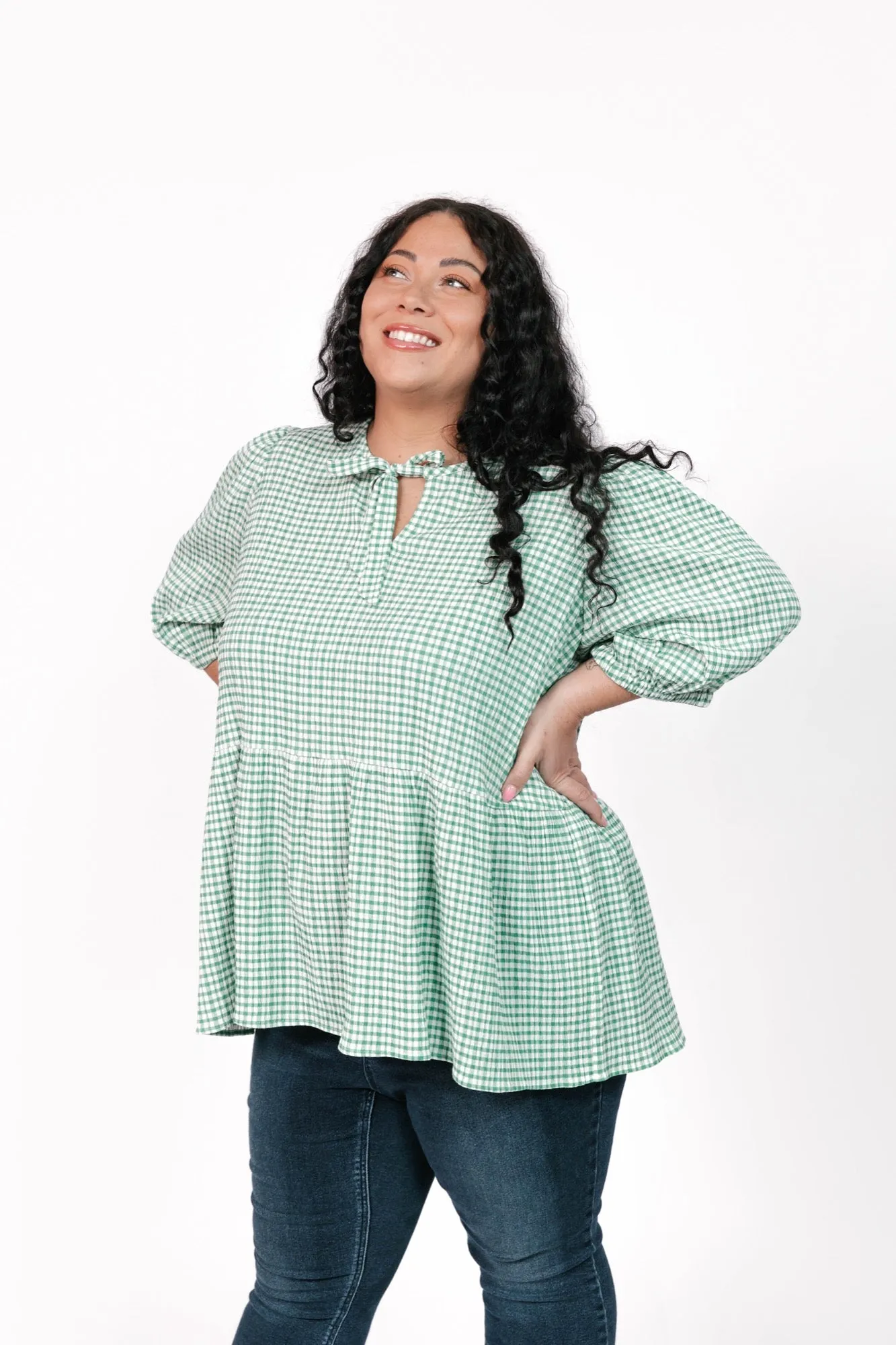 Valentina Puff Sleeve Top in Green/White Gingham