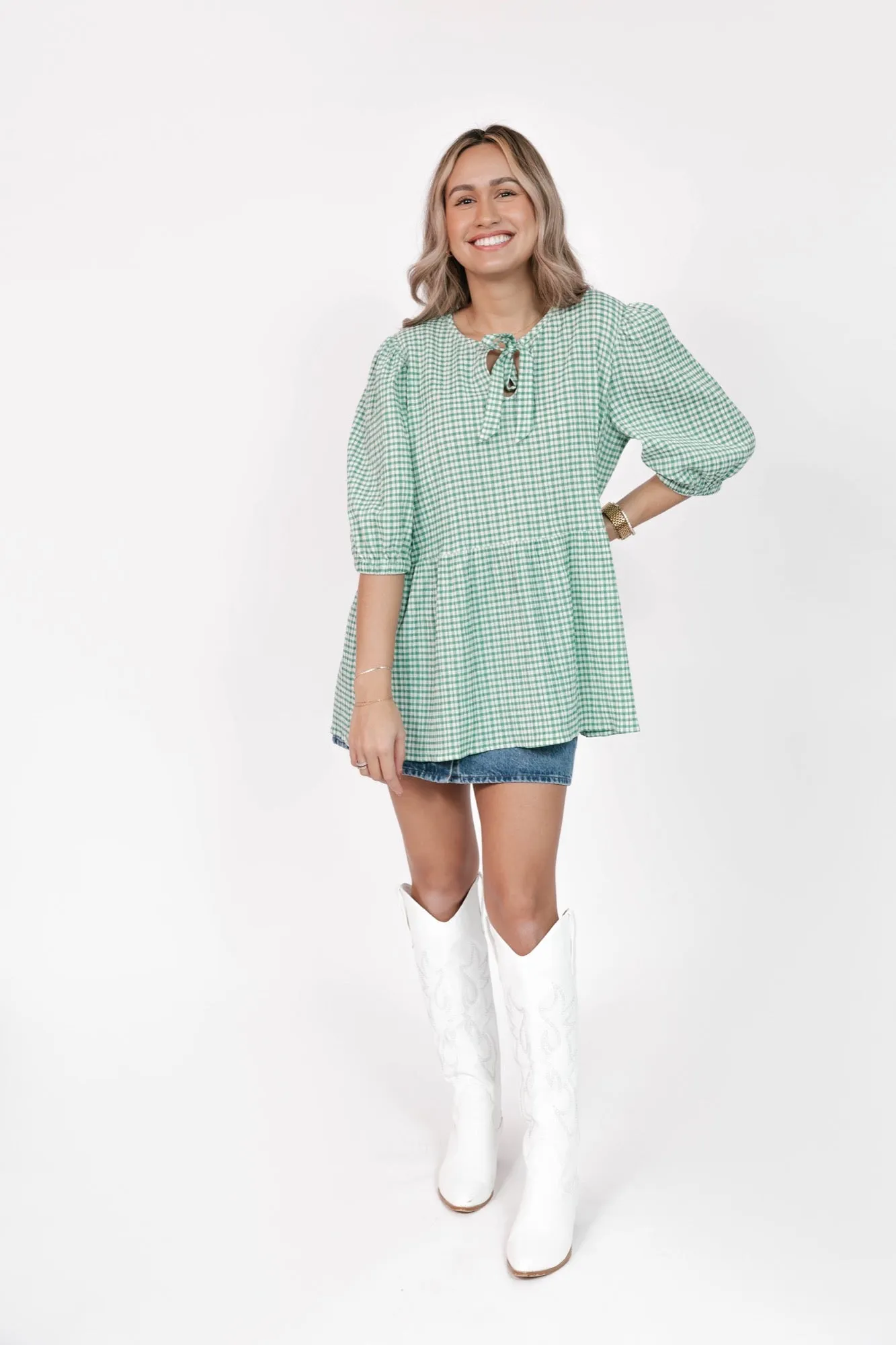 Valentina Puff Sleeve Top in Green/White Gingham