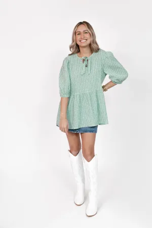 Valentina Puff Sleeve Top in Green/White Gingham