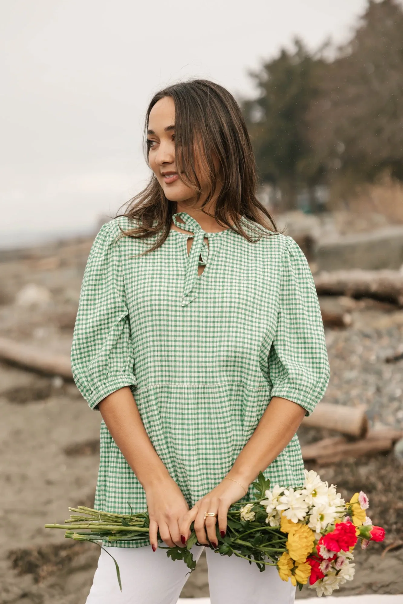 Valentina Puff Sleeve Top in Green/White Gingham