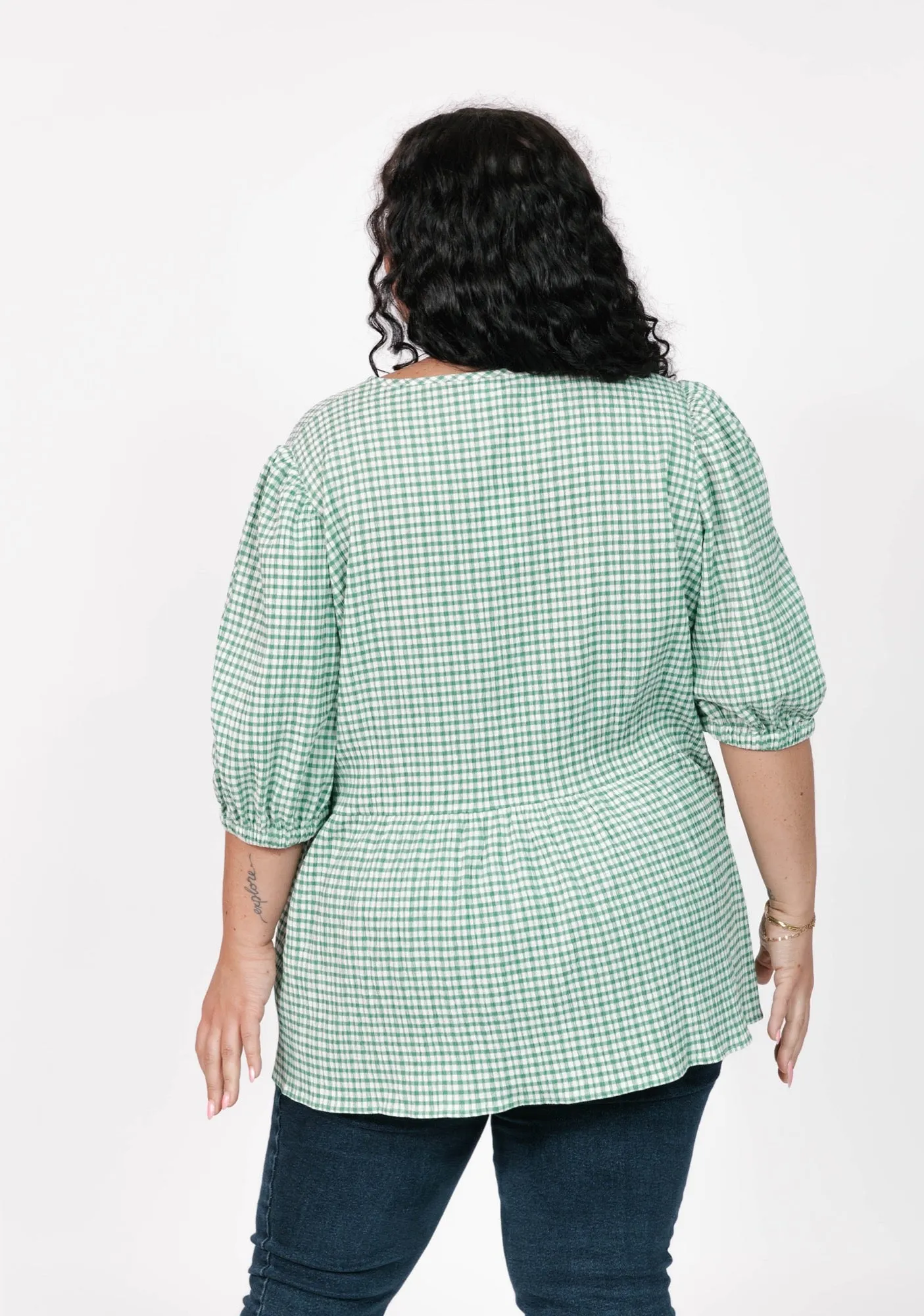 Valentina Puff Sleeve Top in Green/White Gingham