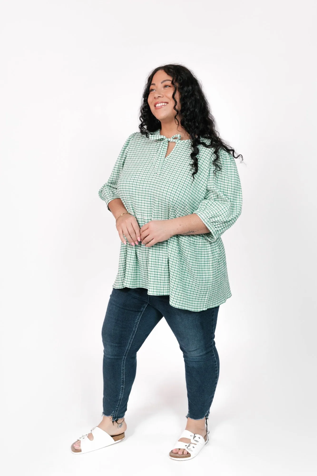 Valentina Puff Sleeve Top in Green/White Gingham