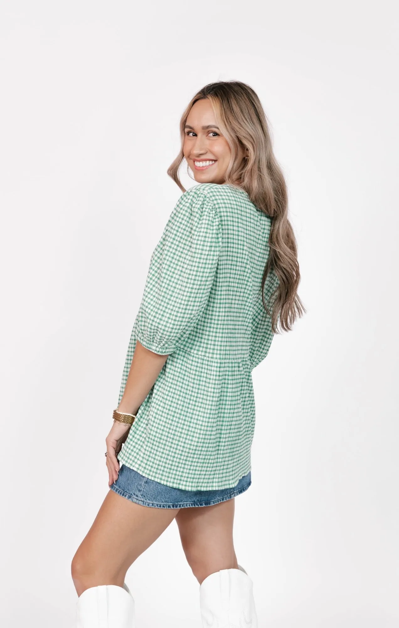 Valentina Puff Sleeve Top in Green/White Gingham
