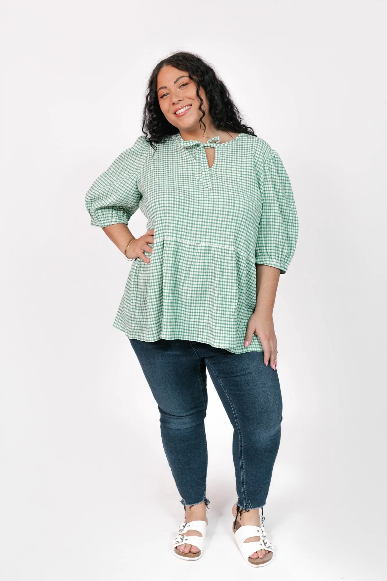 Valentina Puff Sleeve Top in Green/White Gingham