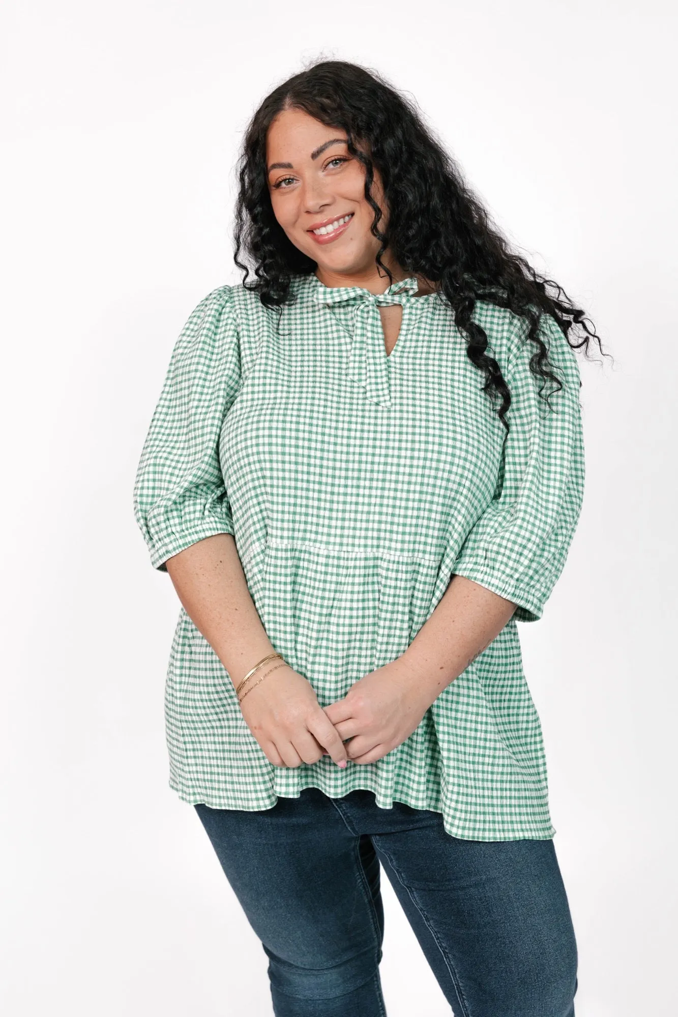 Valentina Puff Sleeve Top in Green/White Gingham