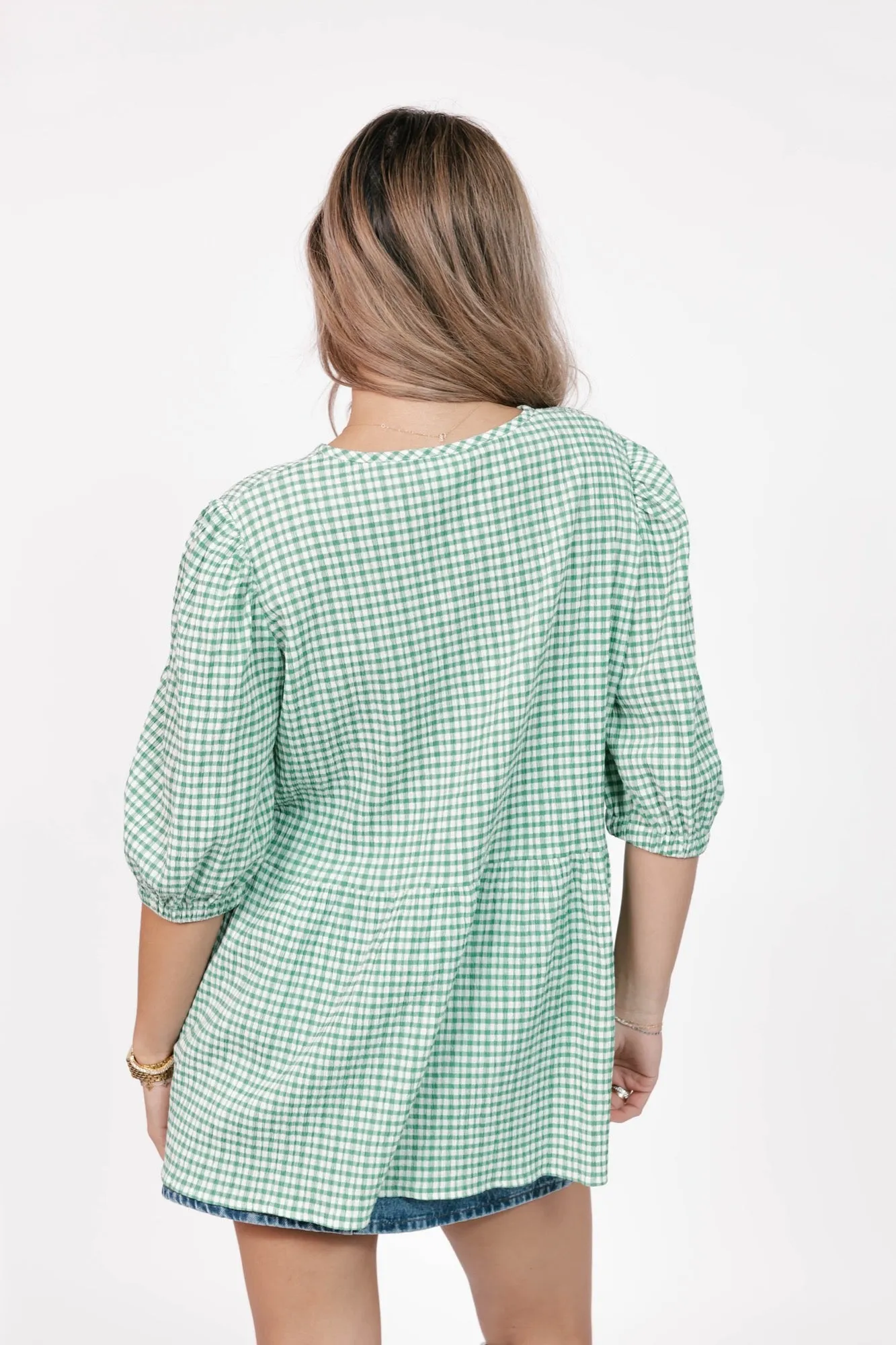 Valentina Puff Sleeve Top in Green/White Gingham