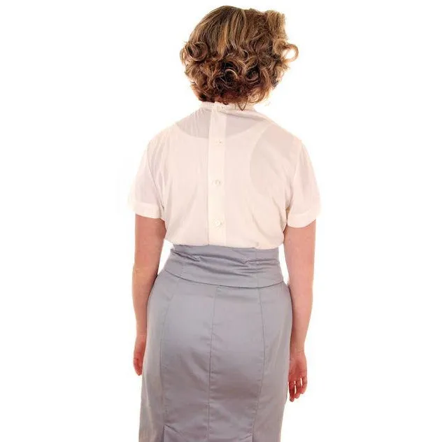Vintage  Blouse Sheer Ivory Nylon Button Back Gray Applique Collar 1950s M VLV