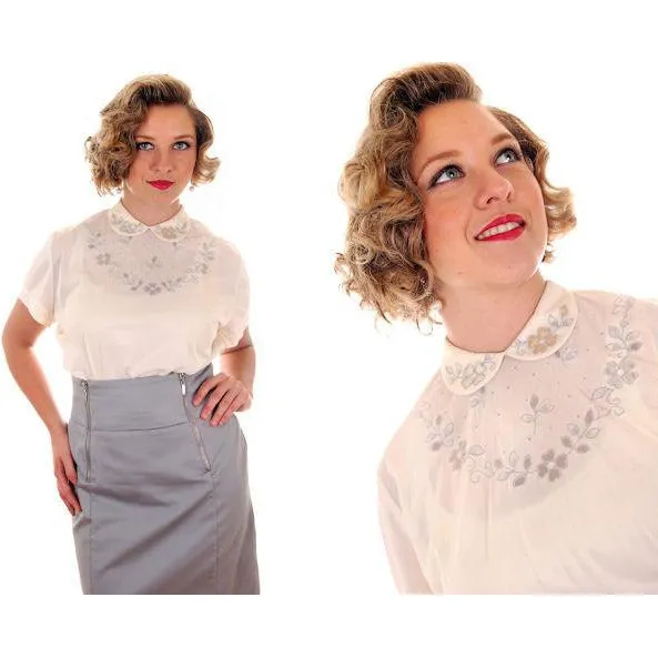 Vintage  Blouse Sheer Ivory Nylon Button Back Gray Applique Collar 1950s M VLV