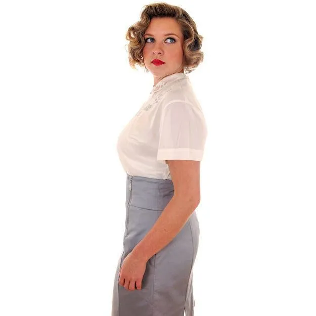 Vintage  Blouse Sheer Ivory Nylon Button Back Gray Applique Collar 1950s M VLV