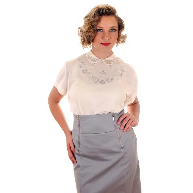 Vintage  Blouse Sheer Ivory Nylon Button Back Gray Applique Collar 1950s M VLV