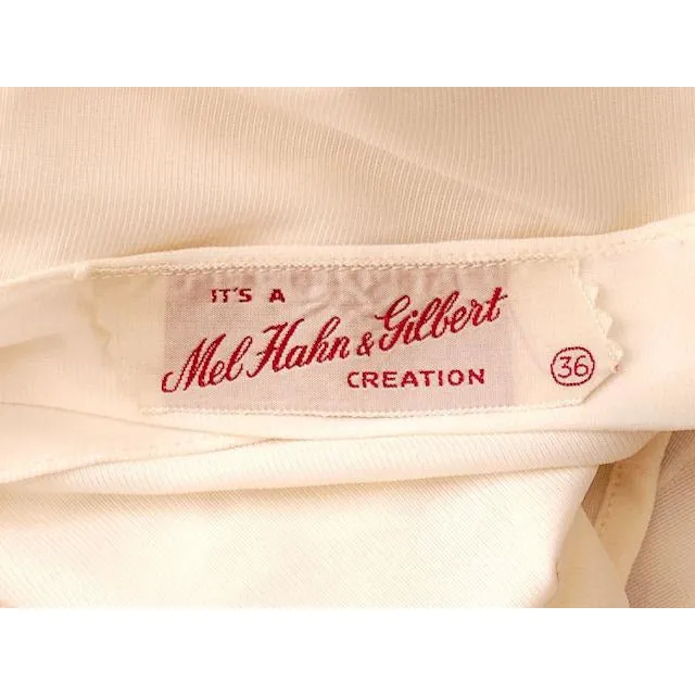 Vintage  Blouse Sheer Ivory Nylon Button Back Gray Applique Collar 1950s M VLV