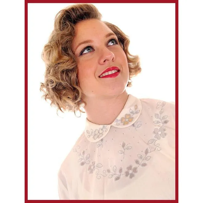 Vintage  Blouse Sheer Ivory Nylon Button Back Gray Applique Collar 1950s M VLV